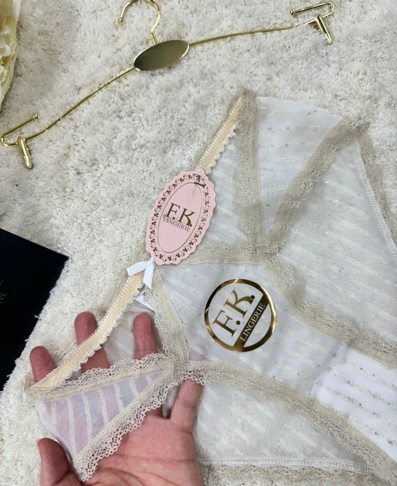 Fk Lingerie Simli Arkası Transparan Tül Önü Dantelli Önü Cut-Out Külot Ekru - L/XL