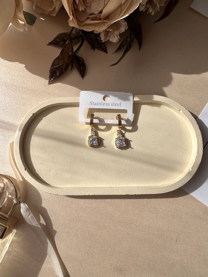 Kadın Swarovski Baget Taşlı Çelik Küpe (Gold ve Gümüş) Gümüş