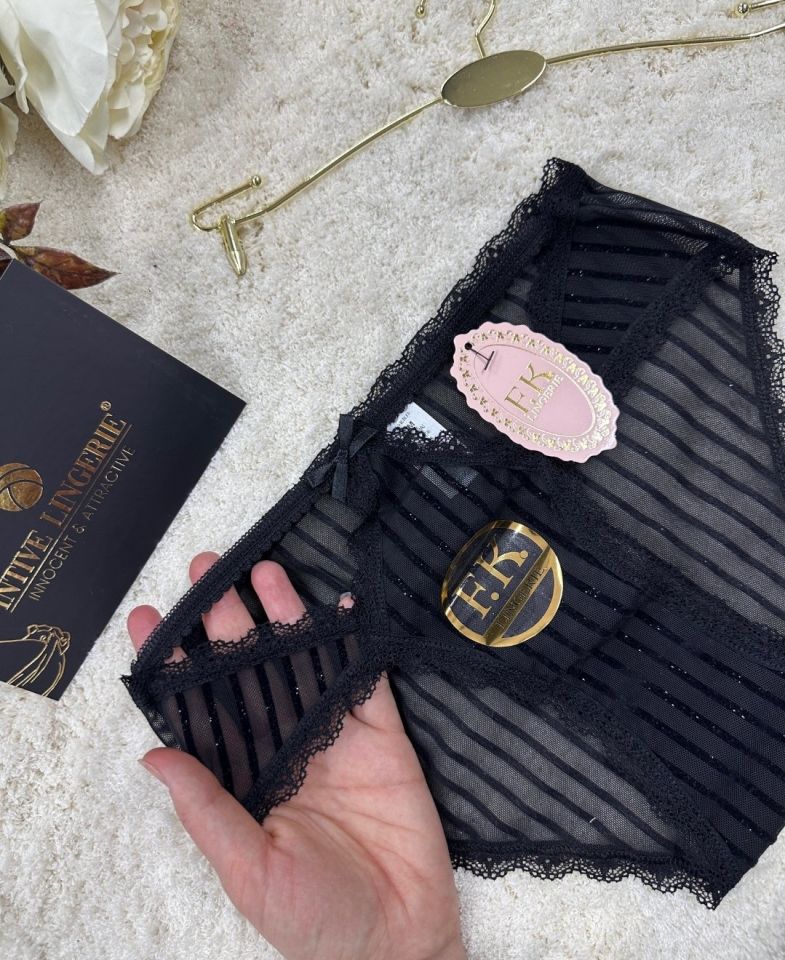 Fk Lingerie Simli Arkası Transparan Tül Önü Dantelli Önü Cut-Out Külot Siyah - L/XL