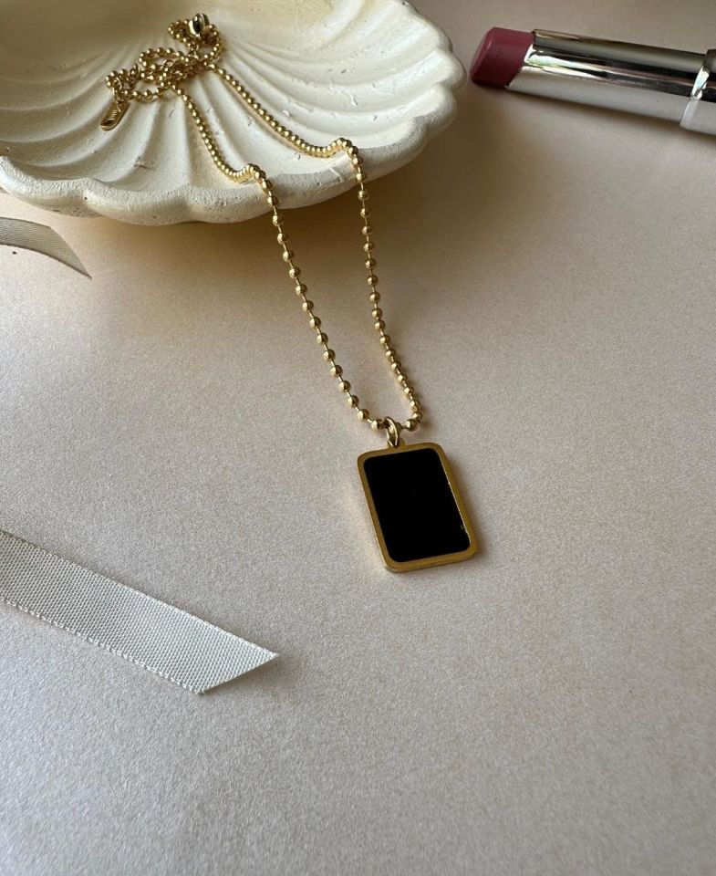 Muray Siyah Taşlı Arkası Yazılı (Çift Taraflı) Paslanmaz Çelik Unisex Kolye Gold - Tek Ebat