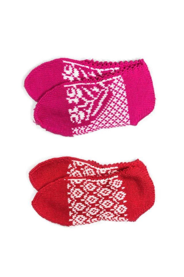 2 Çift Kışlık Şık Kadın Yün Patik Fuşya Kırmızı Desenli 36-40