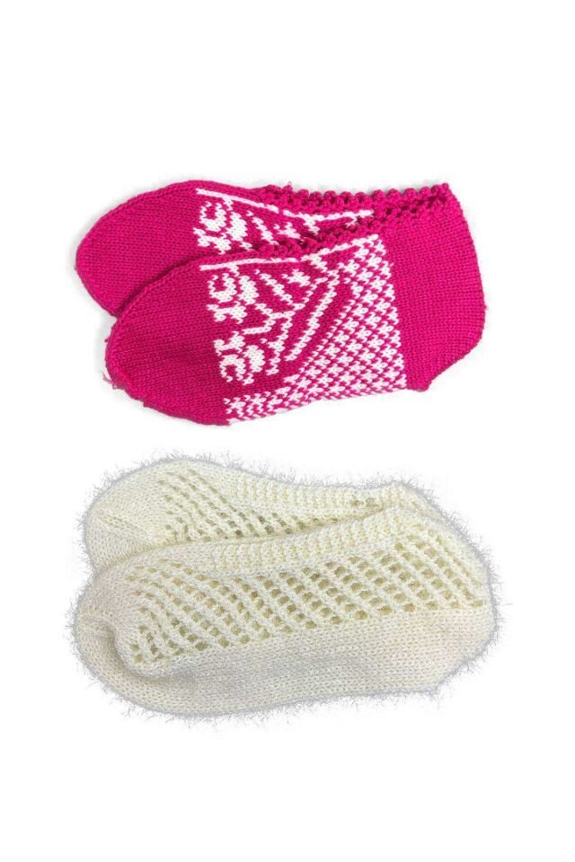 2 Çift Kışlık Şık Kadın Yün Patik Fuşya Krem 36-40