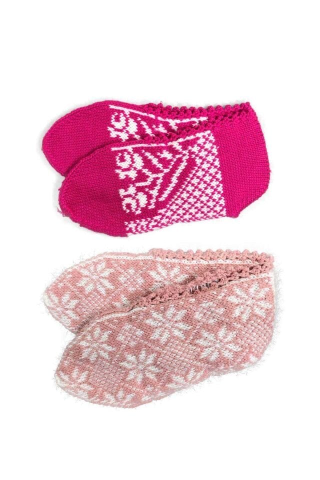 2 Çift Kışlık Şık Kadın Yün Patik Fuşya Pudra 36-40