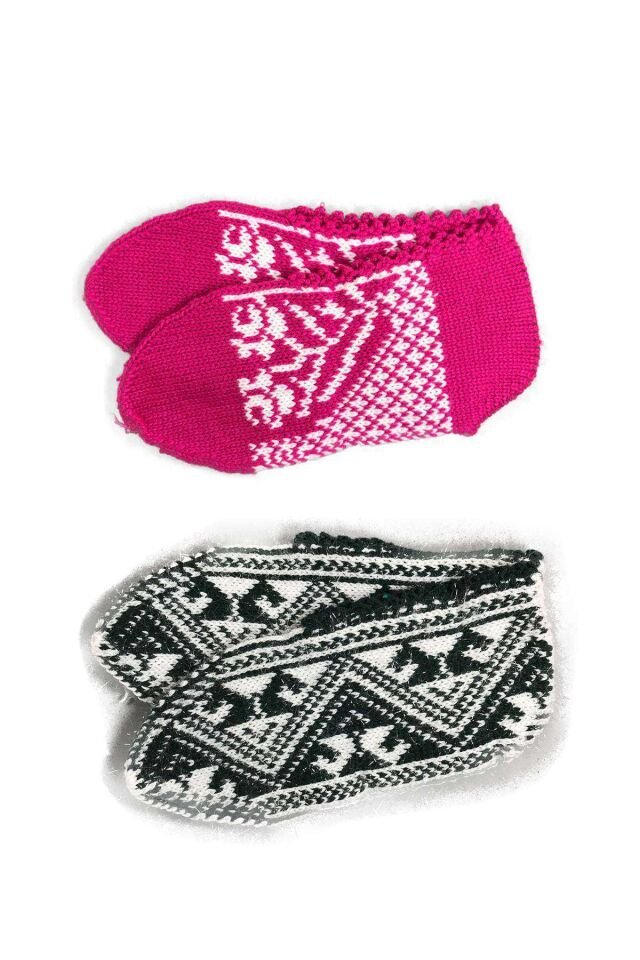 2 Çift Kışlık Şık Kadın Yün Patik Fuşya Siyah 36-40