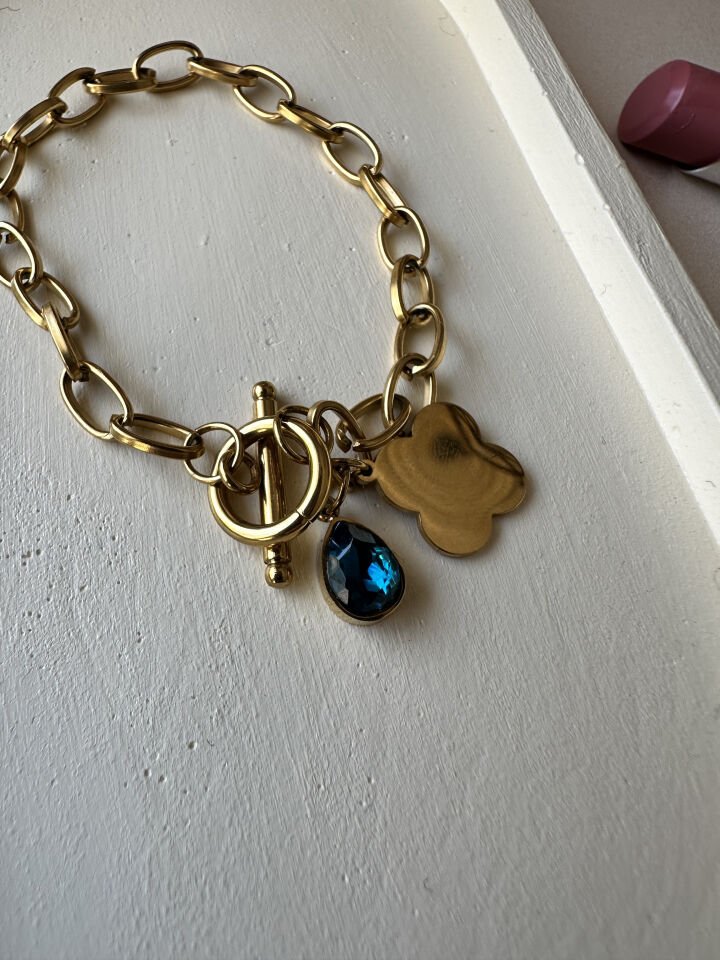 Mavi Taş ve Yonca Detaylı Zincir Çelik Bileklik