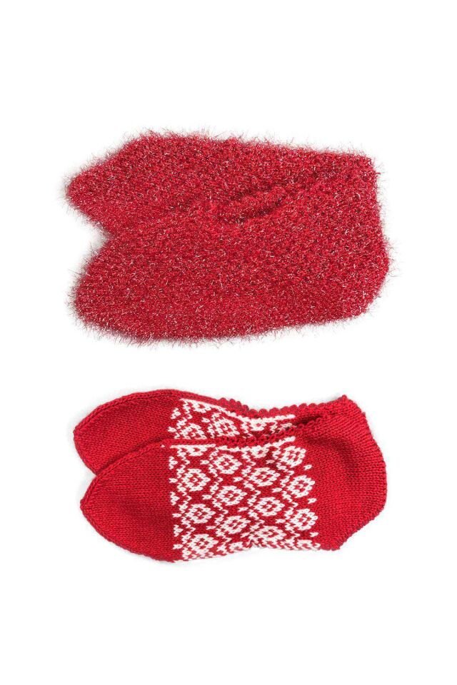 2 Çift Kışlık Şık Kadın Yün Patik Kırmızı Desenli Kırmızı 36-40