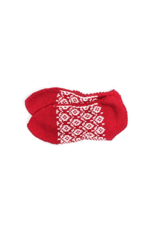 2 Çift Kışlık Şık Kadın Yün Patik Kırmızı Desenli Kırmızı 36-40