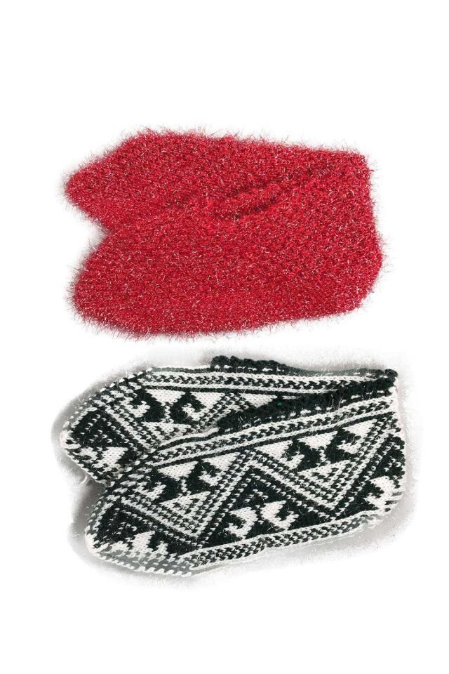 2 Çift Kışlık Şık Kadın Yün Patik Kırmızı Siyah 36-40