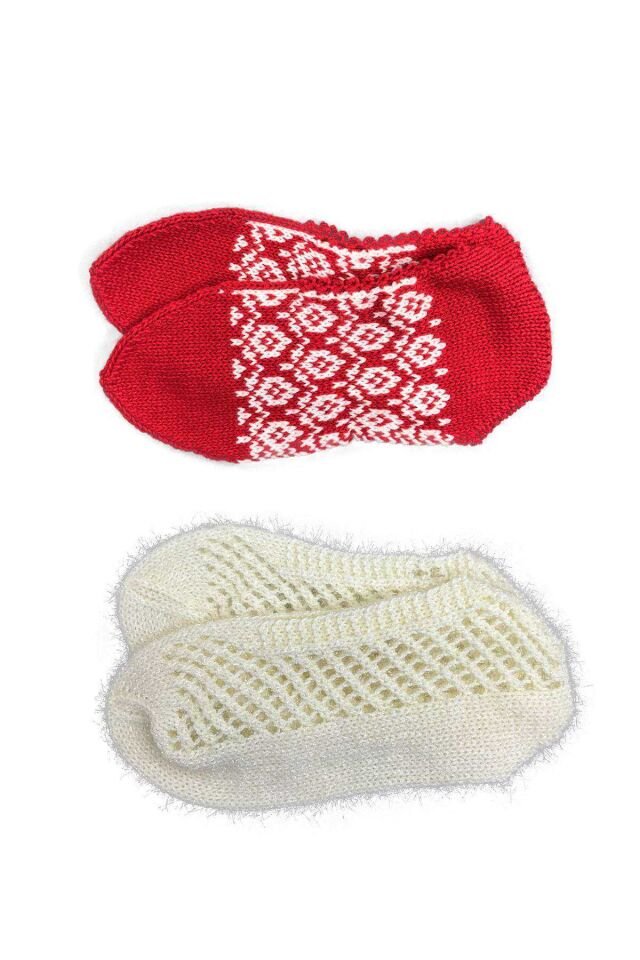2 Çift Kışlık Şık Kadın Yün Patik Kırmızı Desenli Krem 36-40