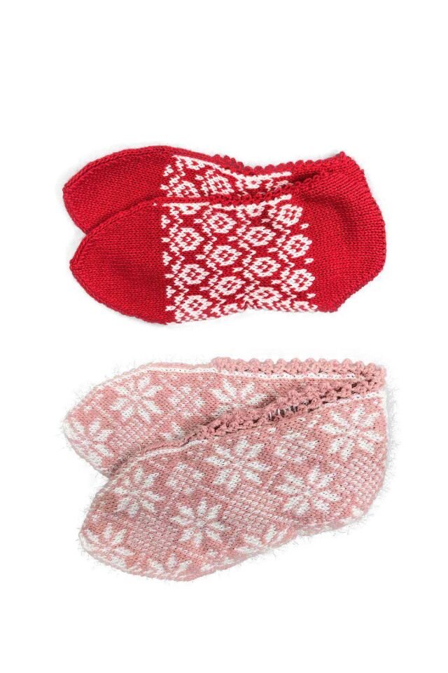 2 Çift Kışlık Şık Kadın Yün Patik Kırmızı Desenli Pudra 36-40