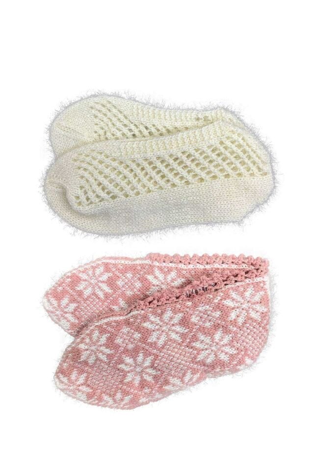 2 Çift Kışlık Şık Kadın Yün Patik Krem Pudra 36-40