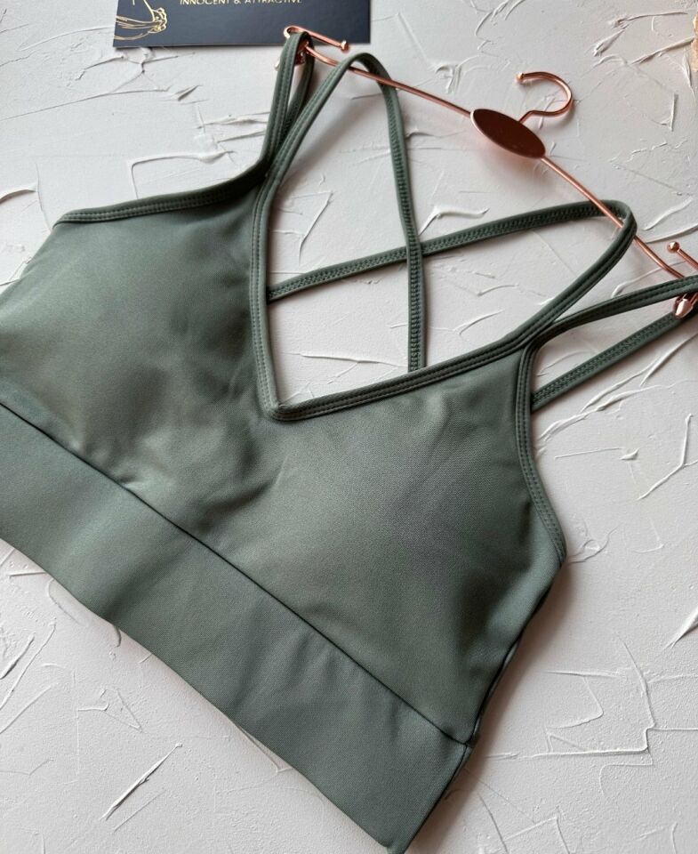 Aurafit V Yaka Arkası Çapraz İp Askılı Tasarım Spor Sütyeni/Büstiyer-9024 Haki Yeşil - M/L