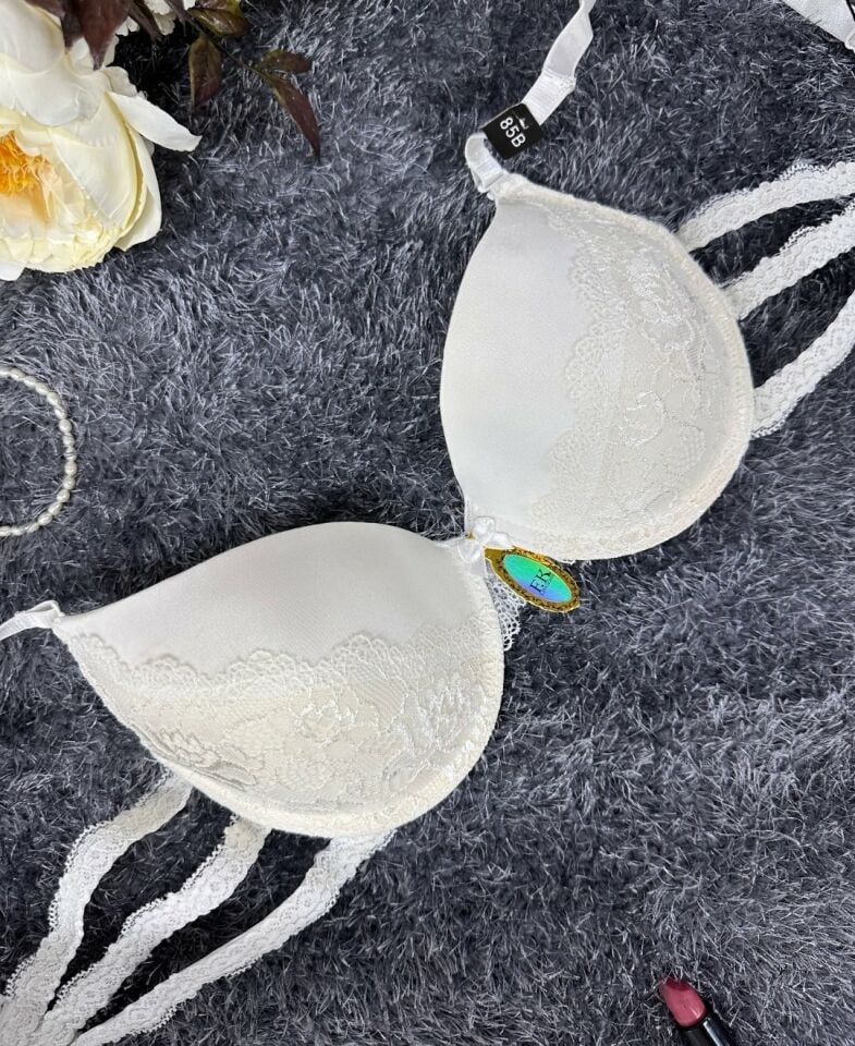 Intive Bride Yanları 3 Şeritli Dantelli Balenli Boş Cup Sütyen (Kırmızı-Beyaz)-258 Beyaz - 85B