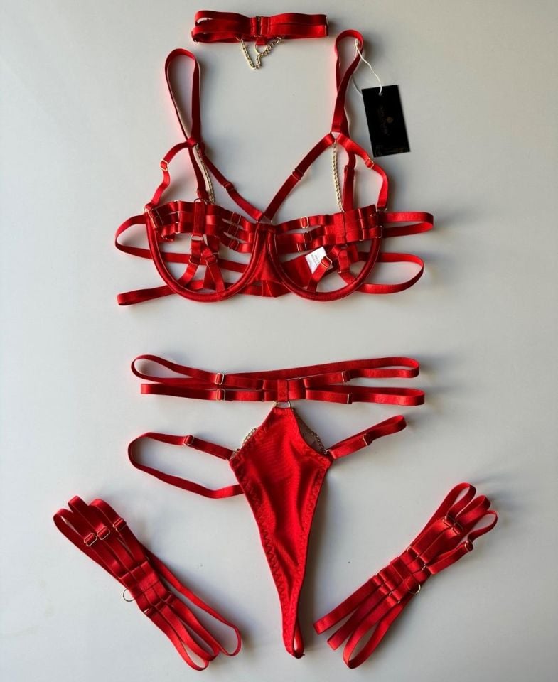 Jude Kadın Zincirli Harness Detaylı Kırmızı Jartiyer Takım