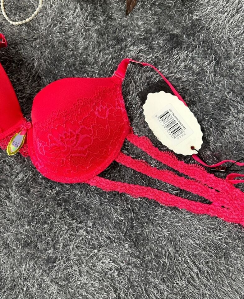 Intive Bride Yanları 3 Şeritli Dantelli Balenli Boş Cup Sütyen (Kırmızı-Beyaz)-258 Kırmızı - 95B