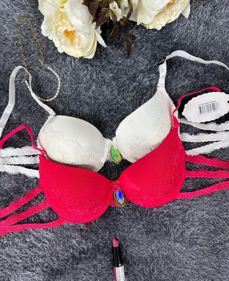 Intive Bride Yanları 3 Şeritli Dantelli Balenli Boş Cup Sütyen (Kırmızı-Beyaz)-258 Kırmızı - 95B