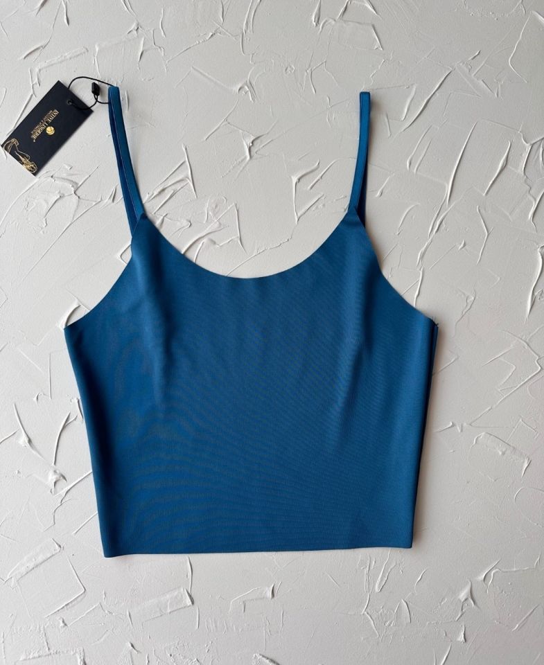 İnce Askılı Dikişsiz V Yaka İz Yapmaz Büstiyer/Croptop Mavi - S