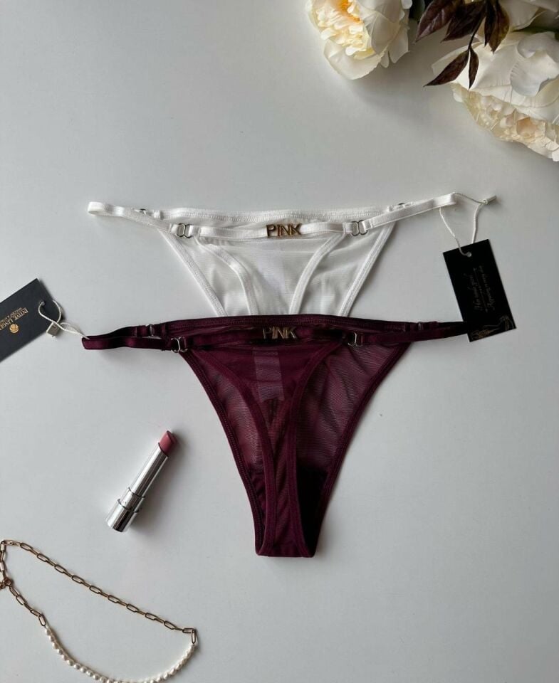 Valerie Arkası 'Pink' Yazılı Ağı Pamuklu Tül Tanga - Limited Beyaz - S/M