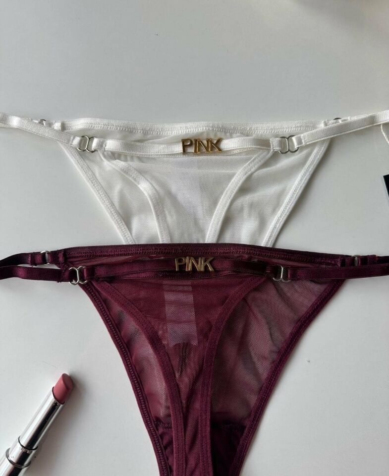 Valerie Arkası 'Pink' Yazılı Ağı Pamuklu Tül Tanga - Limited Beyaz - S/M