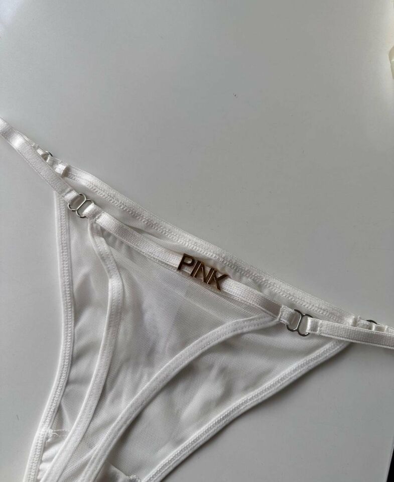 Valerie Arkası 'Pink' Yazılı Ağı Pamuklu Tül Tanga - Limited Beyaz - S/M