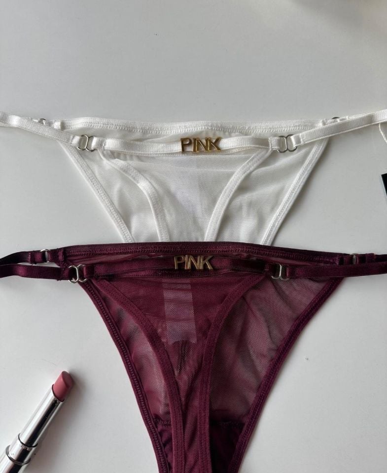 Valerie Arkası 'Pink' Yazılı Ağı Pamuklu Tül Tanga - Limited Mor - S/M