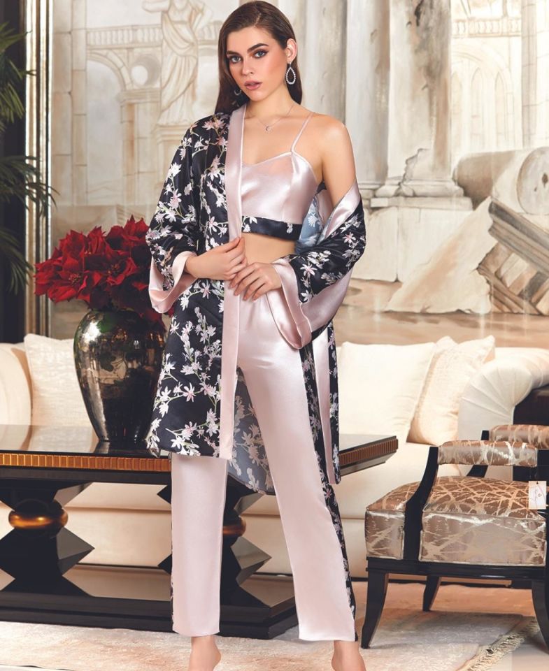 Kadın 4 Parça Pudra Mavi Saten Çiçekli Pijama Takımı