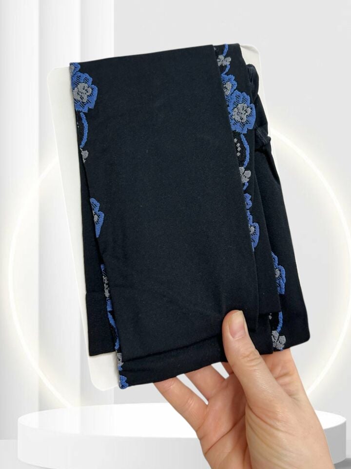 Pierre Cardin Paris Ange 70 Den Siyah Mavi Çiçek Nakışlı Şık Külotlu Çorap Siyah/Mavi - L/XL