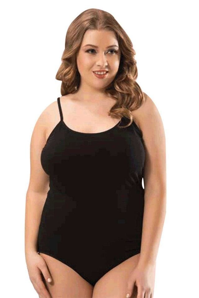 Battal Beden İp Askılı Kadın Çıtçıtlı Body Siyah 2XL
