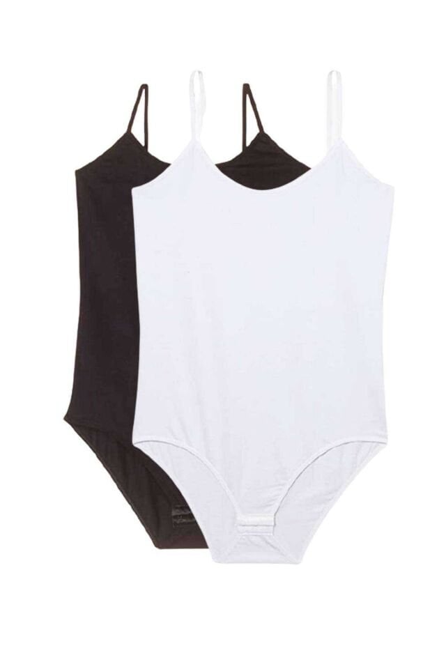 2 Adet Battal Beden İp Askılı Kadın Çıtçıtlı Body Siyah Beyaz 2XL