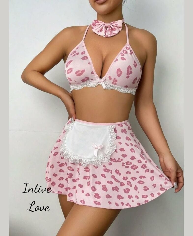 Intive Pembe Beyaz Dalmaçya Desenli Boyun Aksesuarlı Sütyen Etek Fantasy Takım Pembe - S/M